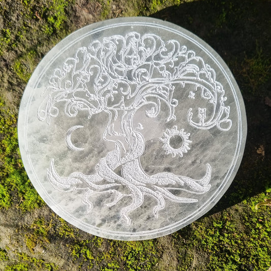 Disque de sélénite arbre de vie lune et soleil